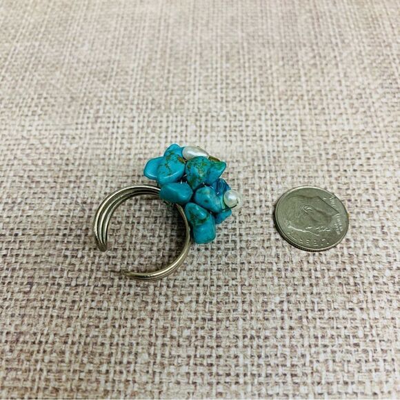 Turquoise and Pearl Cluster Adjustable Ring - Picture 1 of 3